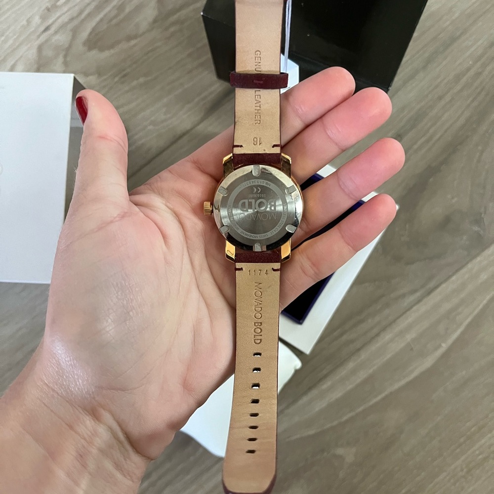 Rose Gold Movado Watch: Bold Iconic Suede Strap Watch, 36mm In Burgundy - Picture 5 of 8